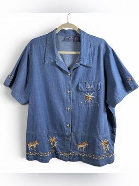 JANE ASHLEY Woman Safari Animal Embroidered Denim Button-Up Short-Sleeve Top, 2X